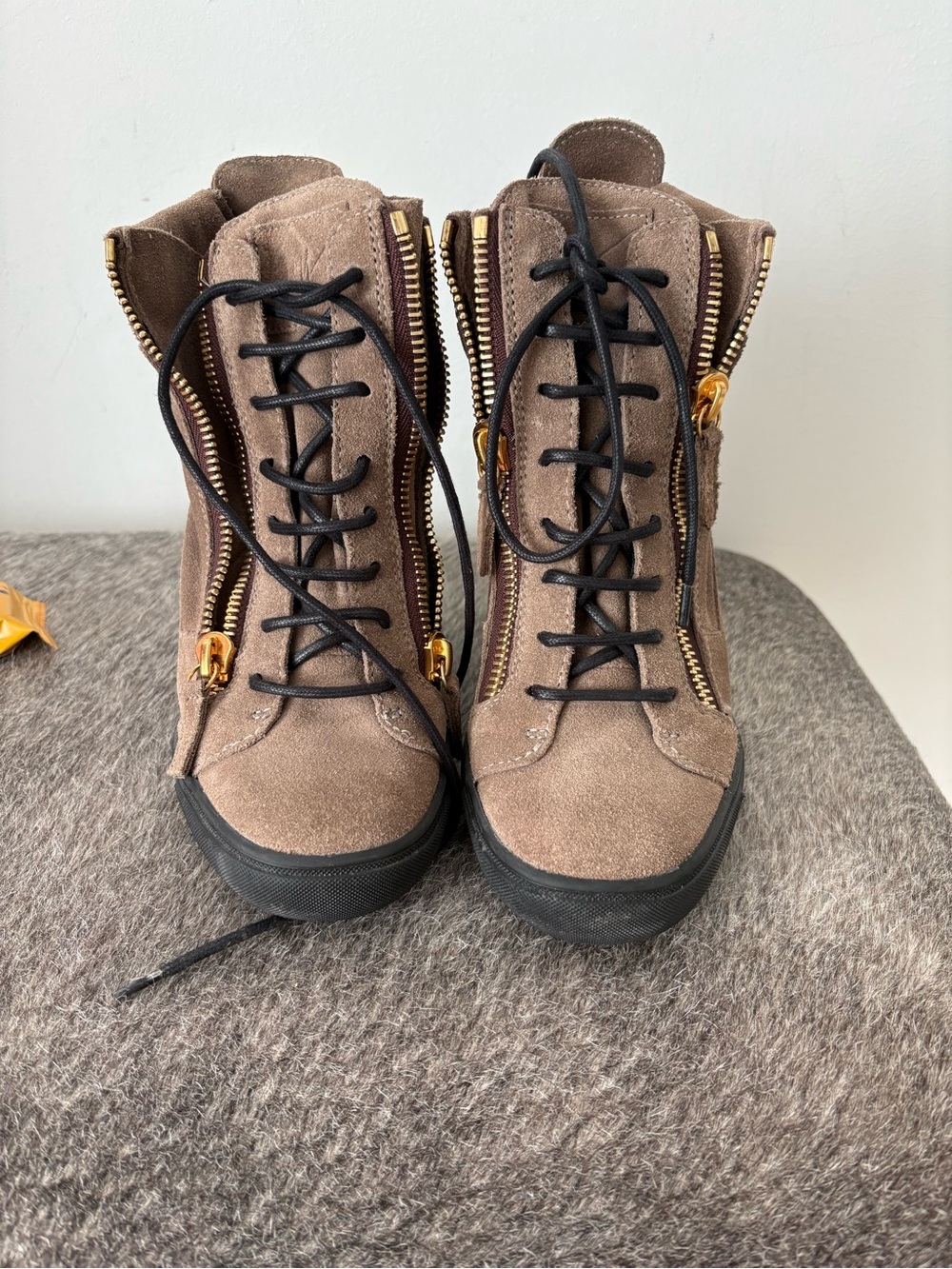 Women's Taupe Suede Lace-Up Heeled Boots with Gold Zippers